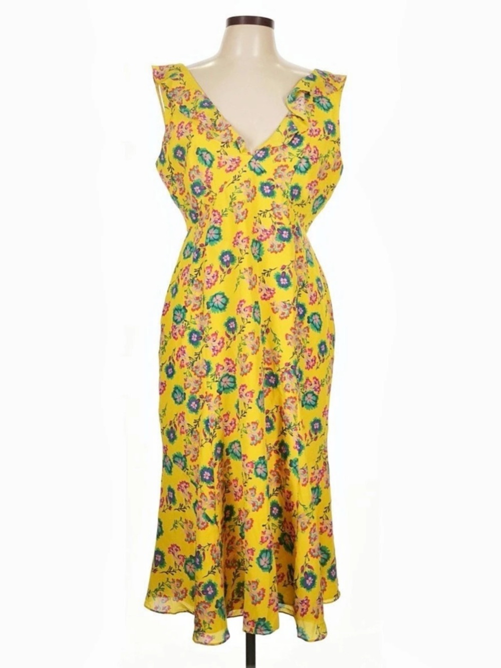 SALONI Holly Floral Print Silk Midi Dress Yellow Ruffle Size 12
